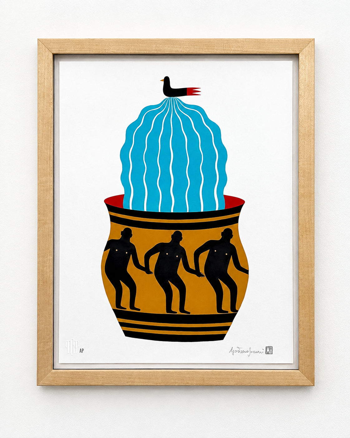 Agostino Iacurci Painted Vase 3 silkscreen with figures and a blue cactus, in a maple frame