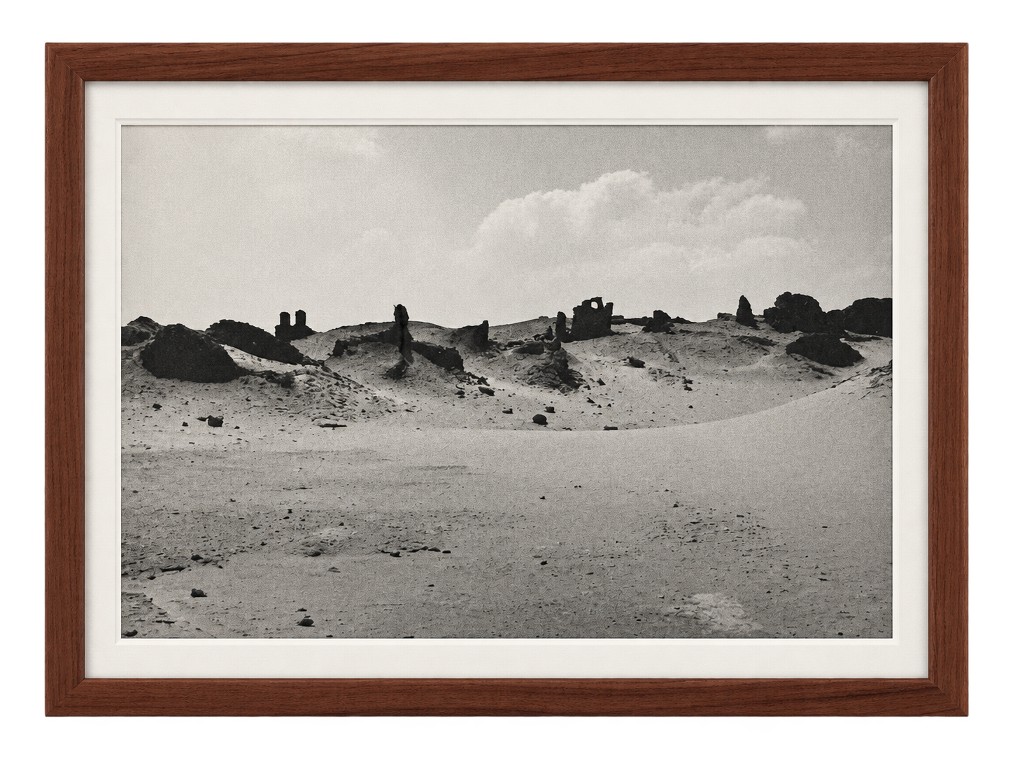 Black and white desert landscape photograph with distant ruins, matted in a walnut frame