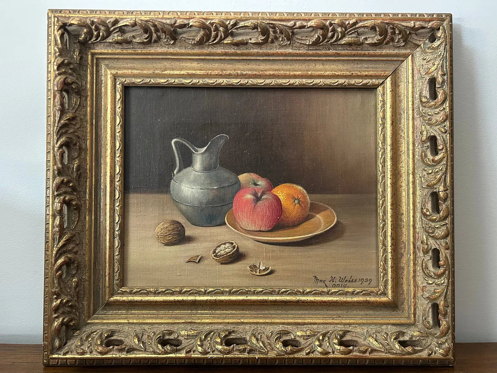 1959 H. Weiss Original Still Life Oil Painting – Fruit, Pewter Jug & Walnuts in Ornate Gold by Found Art-Found Art-Poster Child Prints