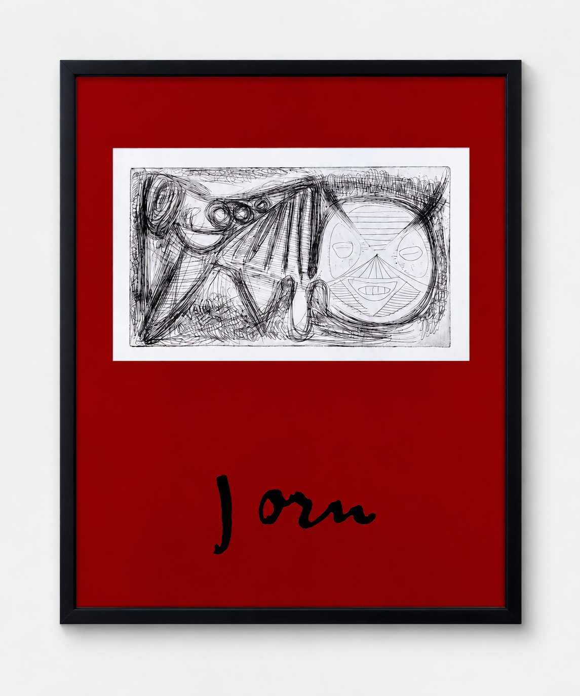 Original Joan Miró exhibition poster with a mask like figure and biomorphic forms on a red field