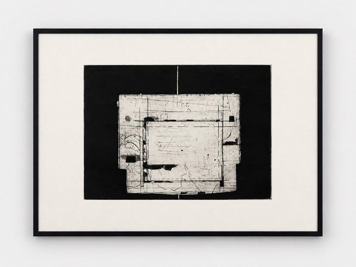 Black and white abstract wood block print with layered lines in a grid, signed and numbered 4 of 20