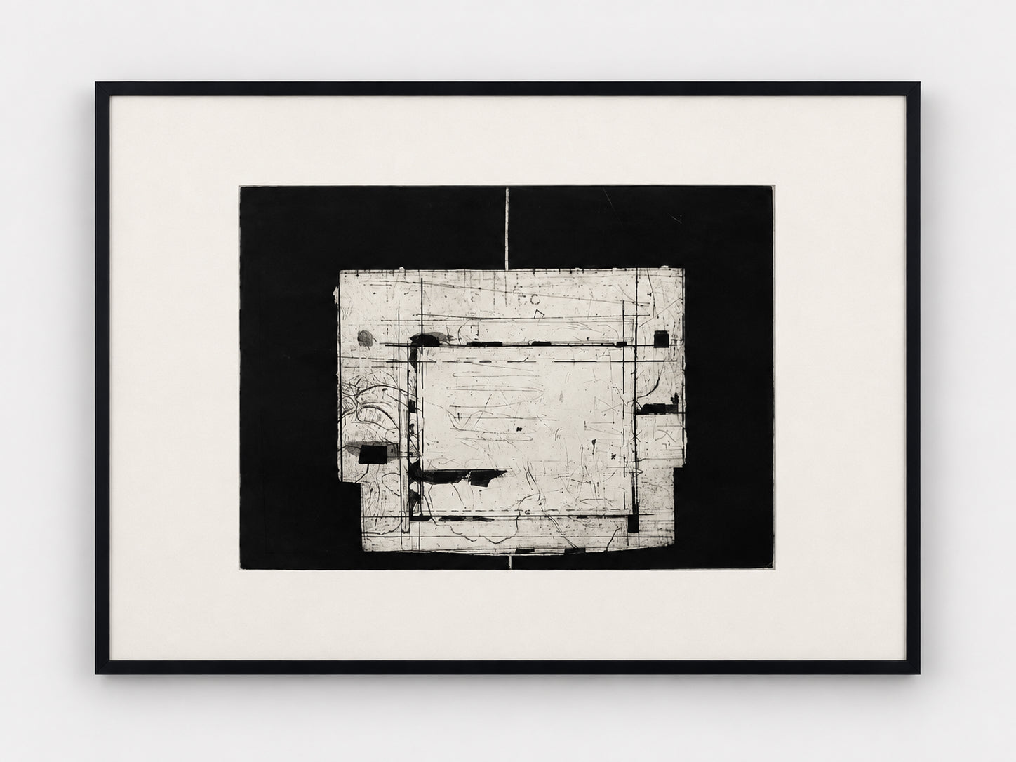 Black and white abstract wood block print with layered lines in a grid, signed and numbered 4 of 20