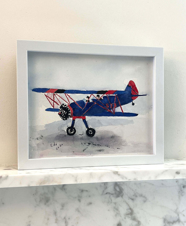Eddy's Plane | Signed Vintage Biplane Watercolor, 2000 - Poster