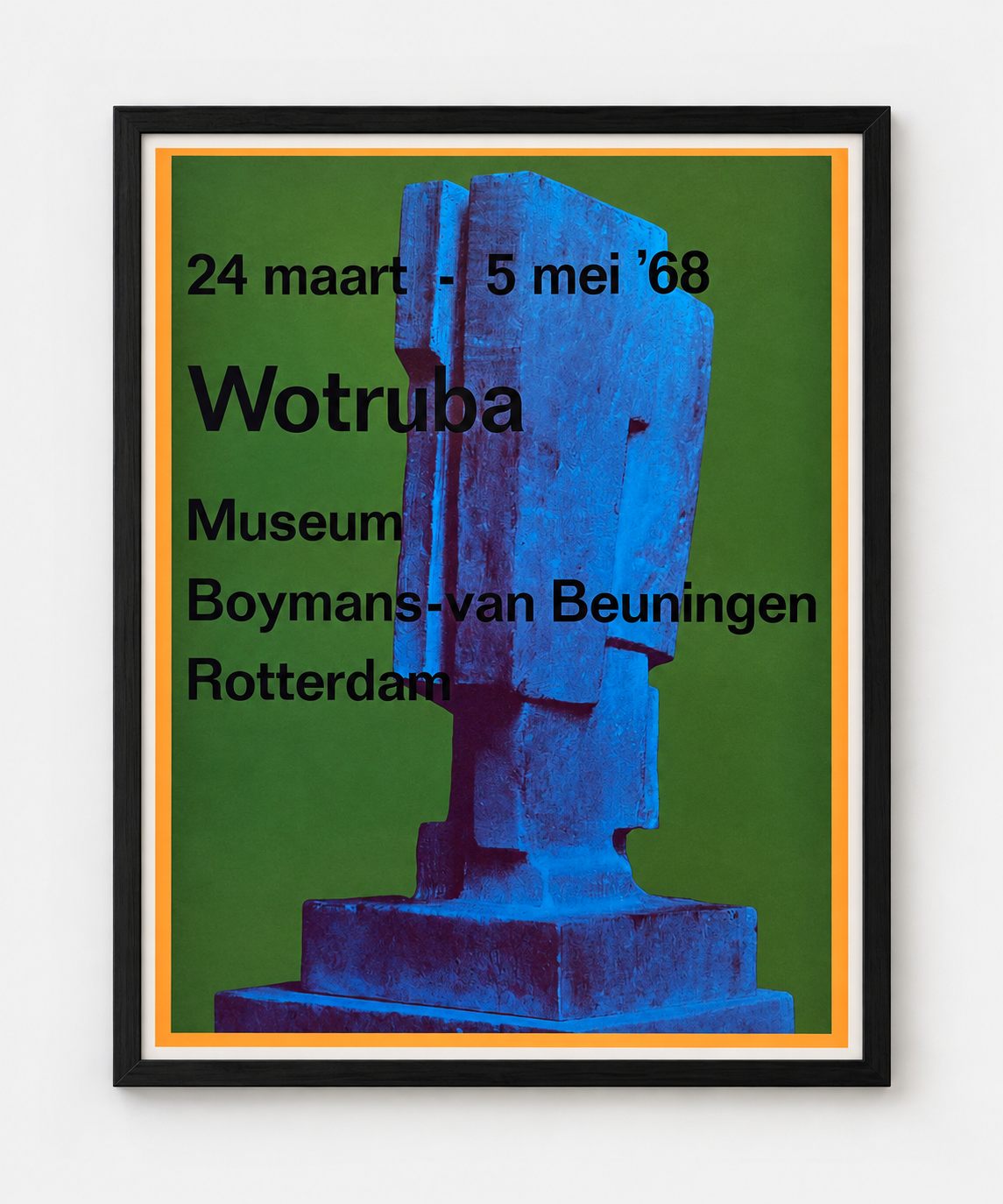 1968 Wotruba exhibition poster for Museum Boijmans Van Beuningen with a blue sculptural form on green