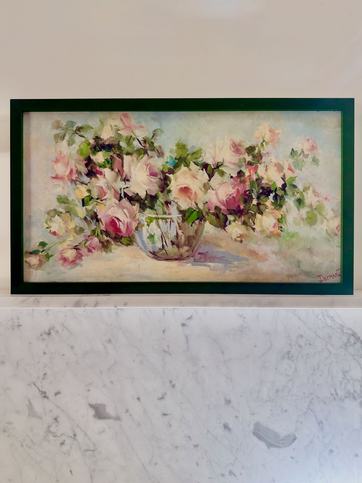 Vintage oil painting of a loose floral arrangement in soft pink, cream and green tones