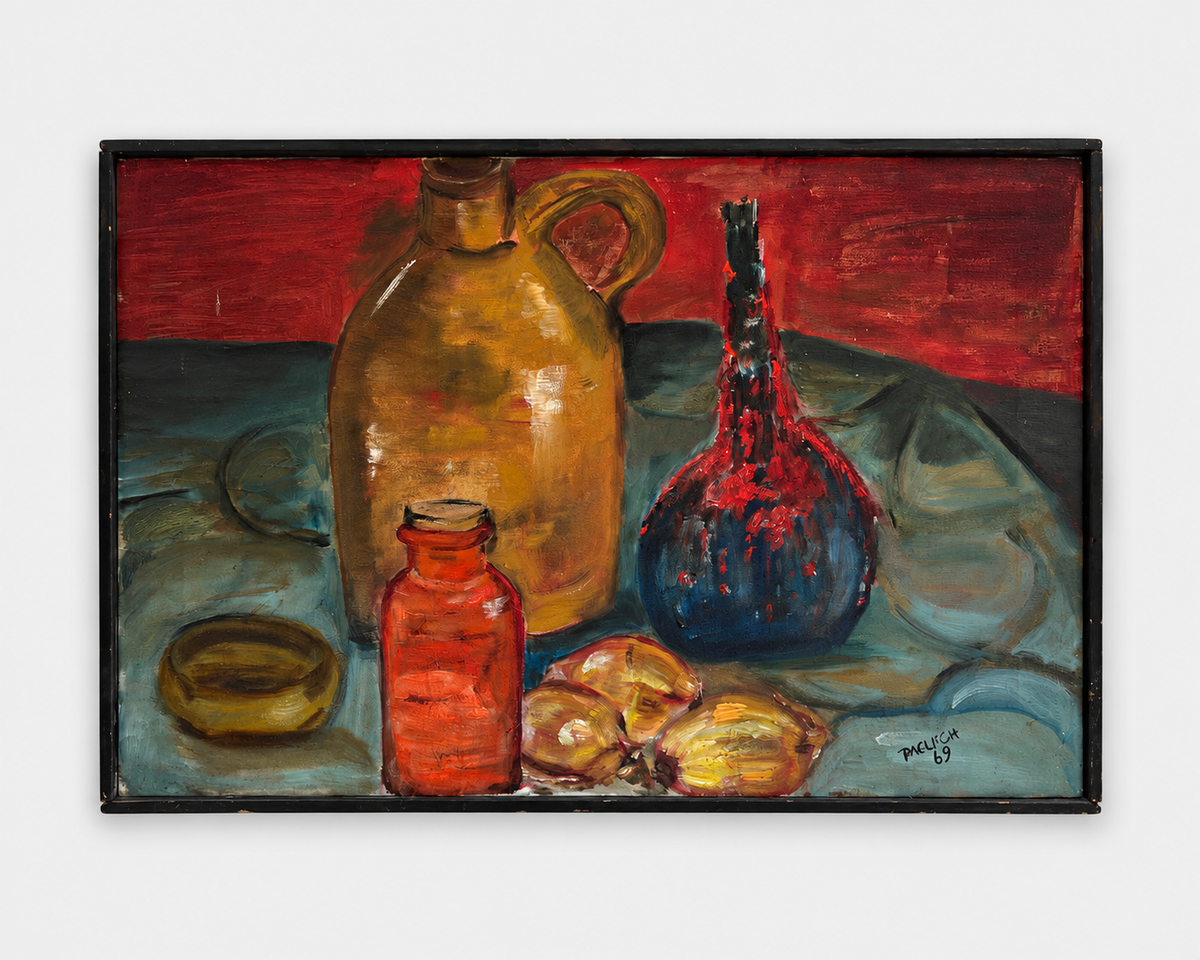 Paglicia 1969 still life oil painting of a jug, bottles and onions in a thin black frame