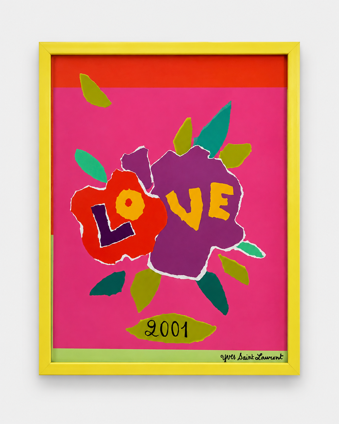 Yves Saint Laurent LOVE 2001 print in pink, red, purple and green, framed in yellow