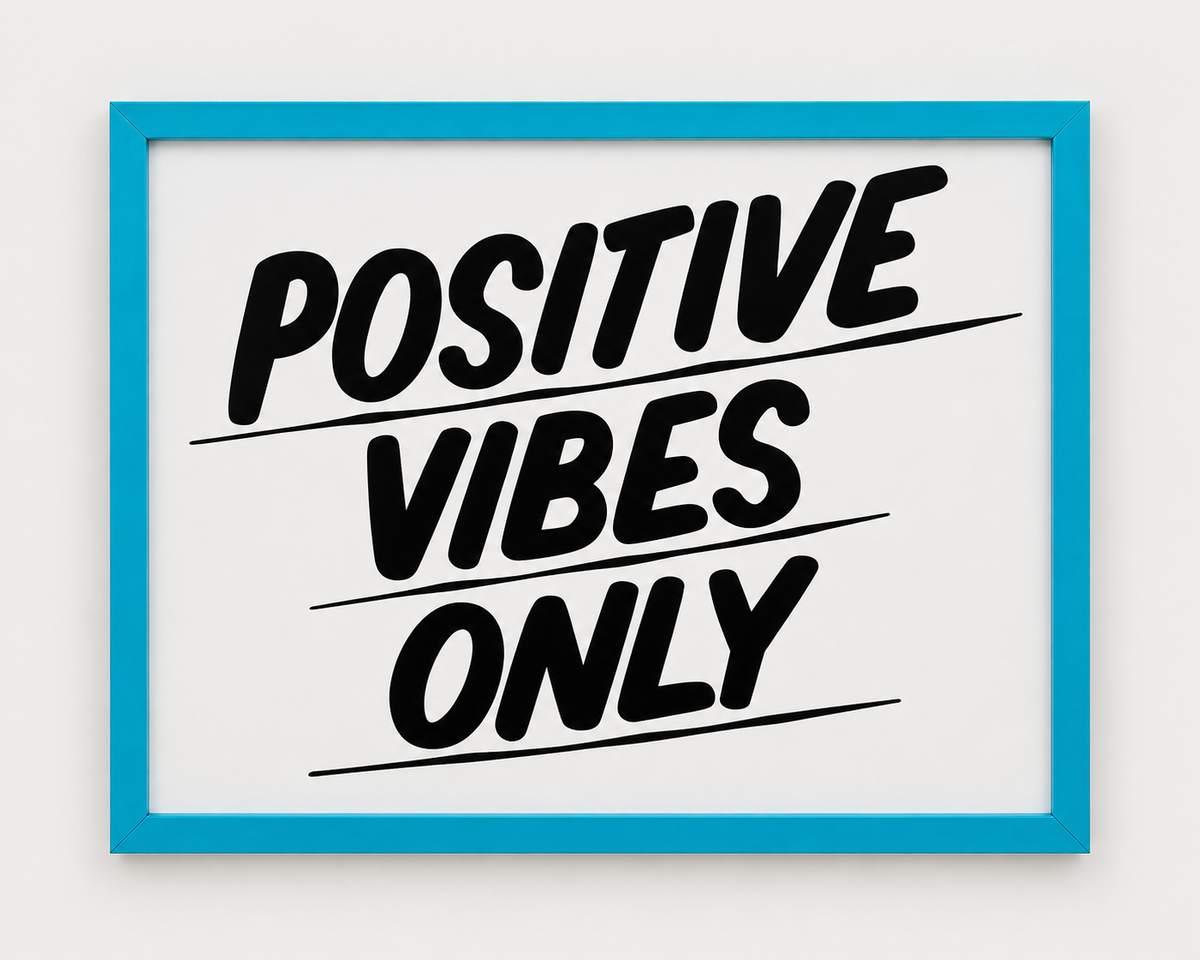 Positive Vibes Only hand-lettered print in bold black type, framed in bright blue