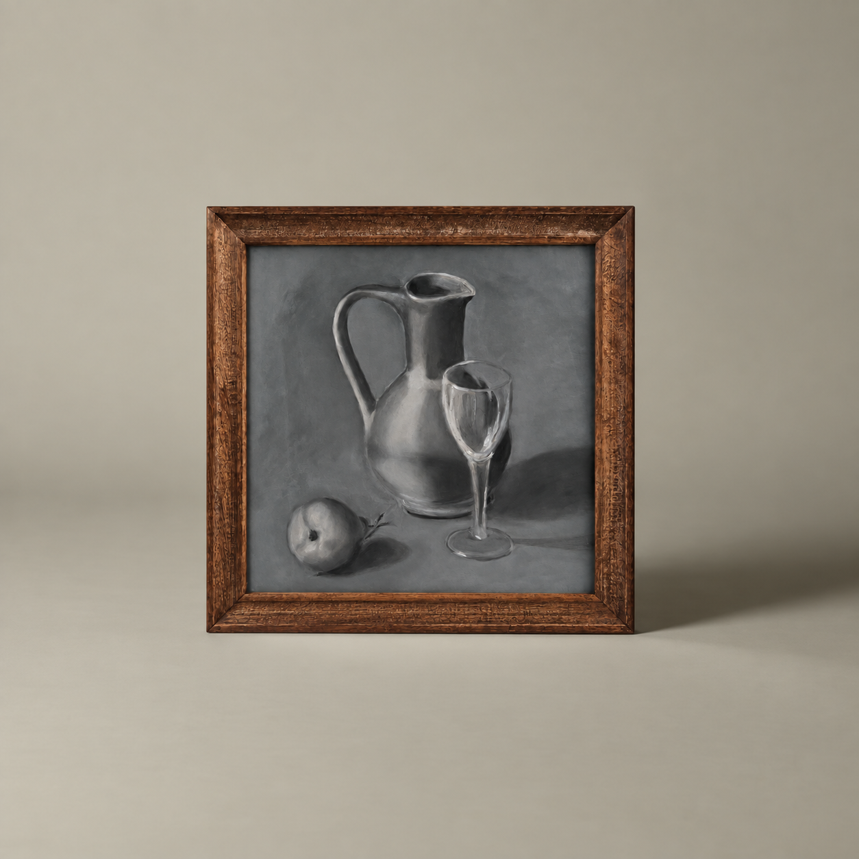 Charcoal still life with pitcher, wine glass and apple in a warm wood frame