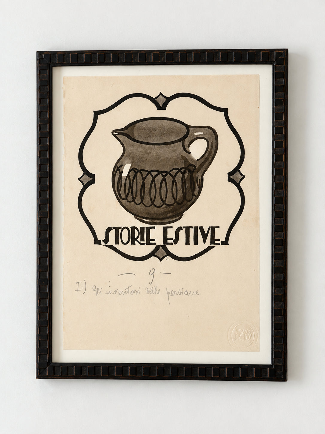Storie Estive ink drawing of a pitcher by Santi Archimede, in a dark carved frame
