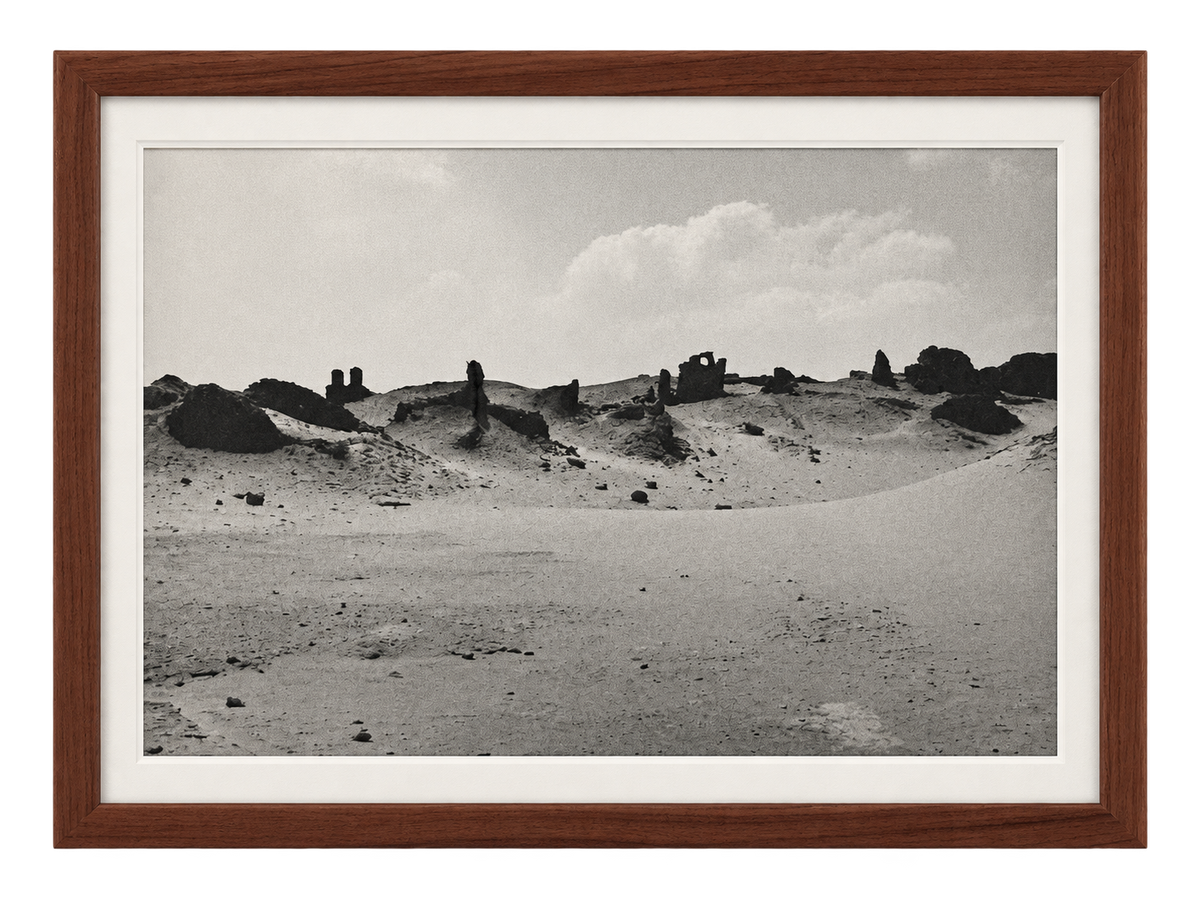 Black and white desert landscape photograph with distant ruins, matted in a walnut frame