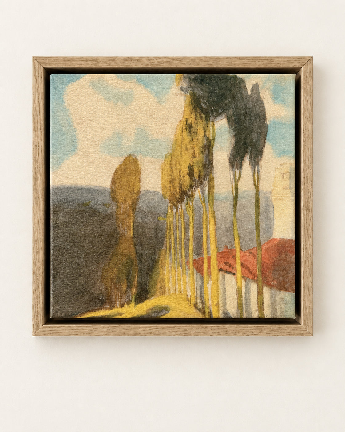 Painting of slender cypress trees and a red-roofed house, float framed in light oak