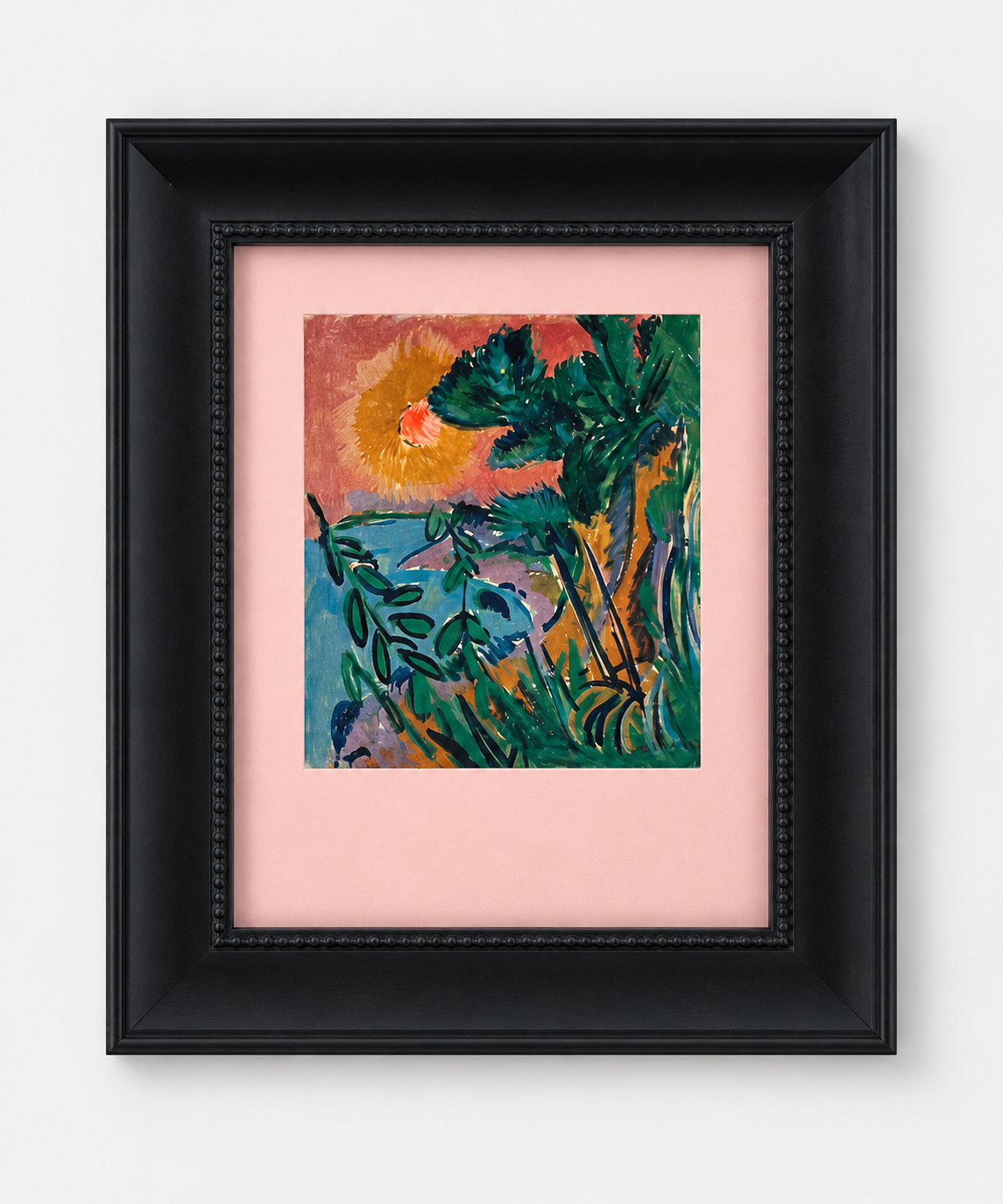 Vibrant tropical landscape painting with sun and palms, pink mat in a black beaded frame