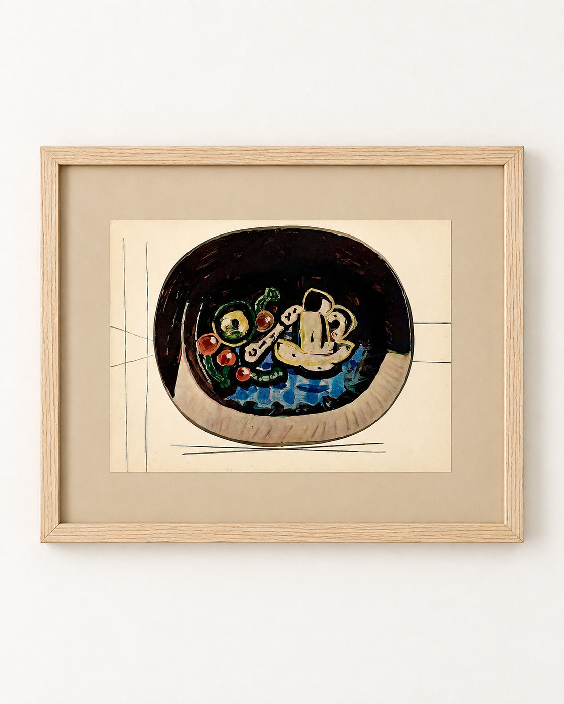 1950 Picasso ceramics book plate of a painted platter, framed in natural oak with a linen mat