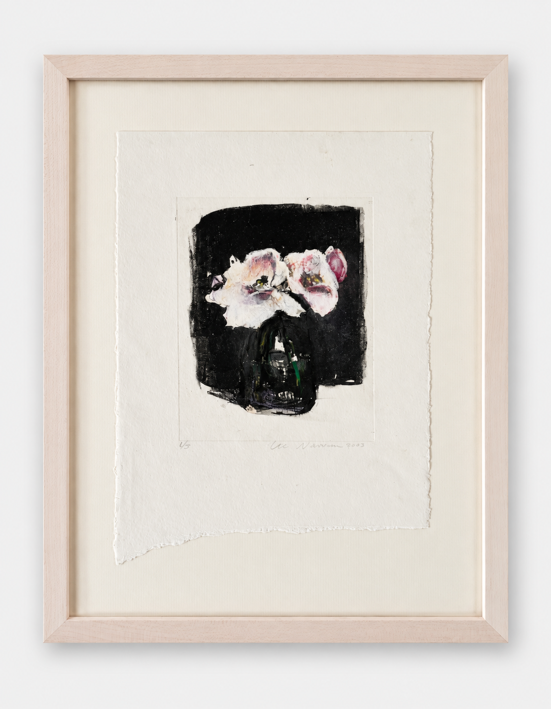 Lee Newman mixed media floral on deckled paper, signed 2003, matted in a pale wood frame