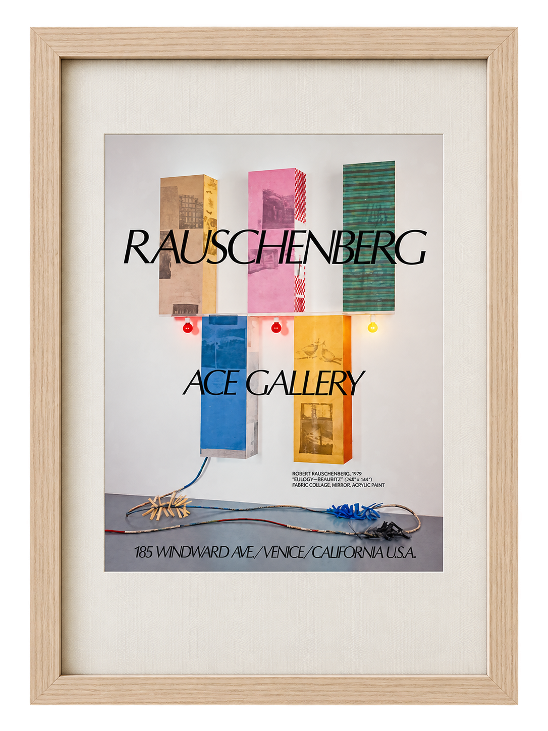 Vintage Robert Rauschenberg ACE Gallery Venice exhibition poster in a natural wood frame with linen mat