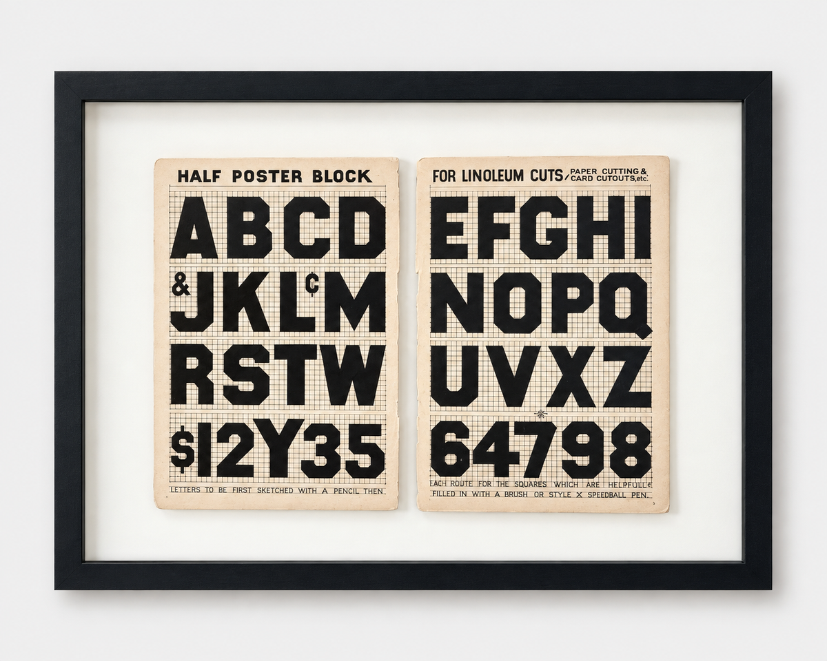 Vintage sign painter typography reference sheets with bold block letterforms and layout grids