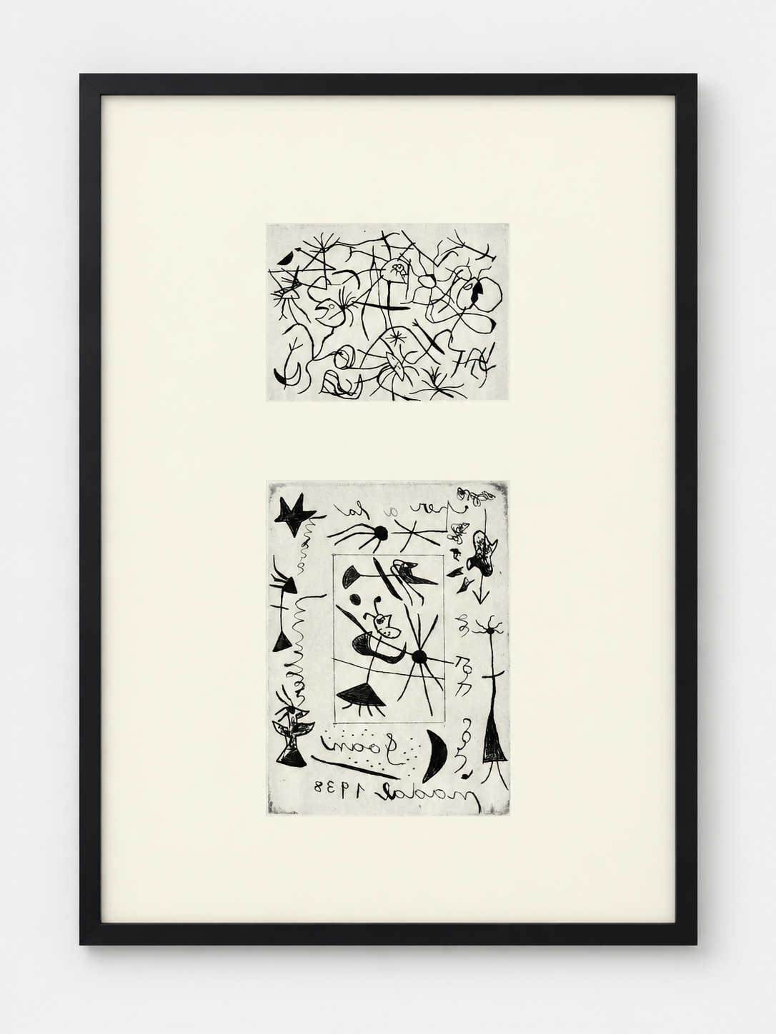 Enlarged surreal sketch studies with loose expressive line work inspired by Joan Miró